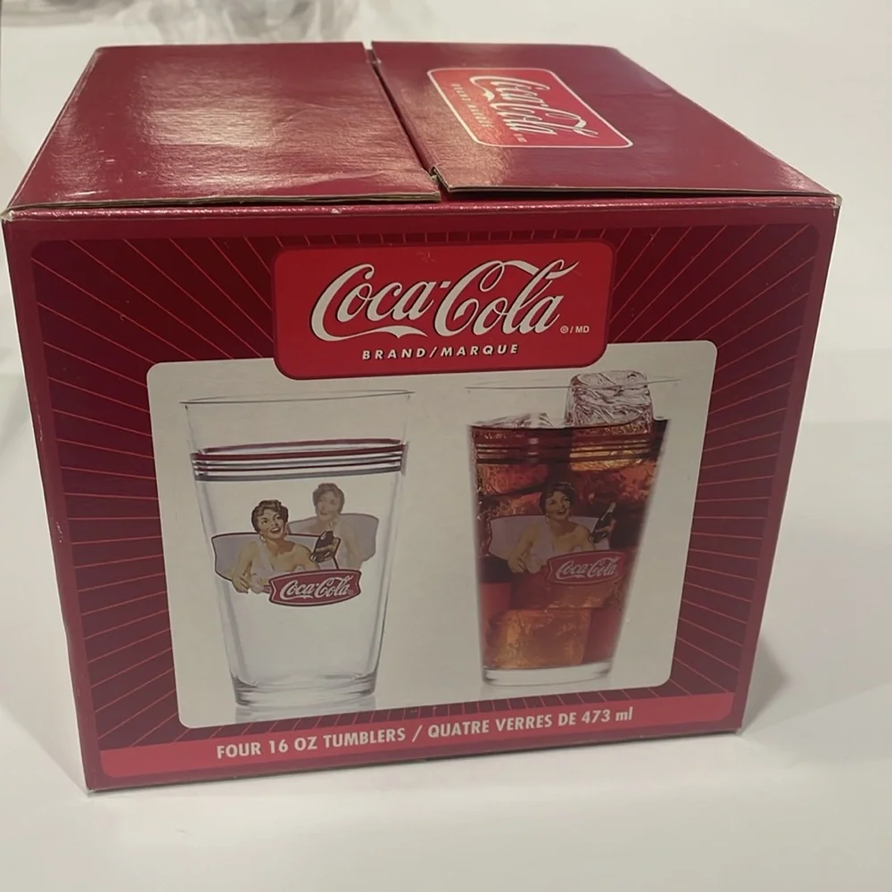 Coca Cola Red and White Tumbler Set Original Box 16oz 4 Glasses